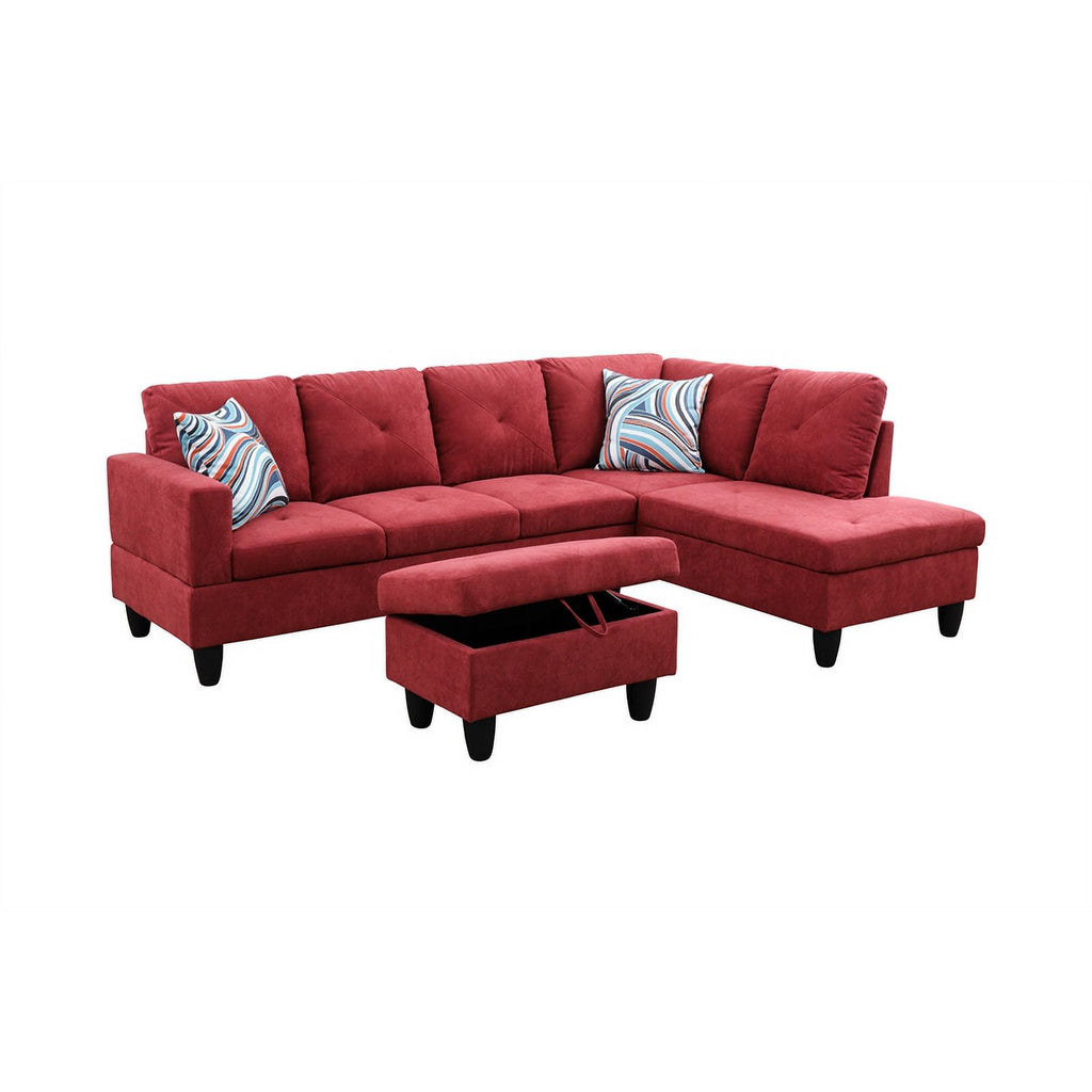 Red L Shaped Microfiber Couch with Storage Ottoman M694657