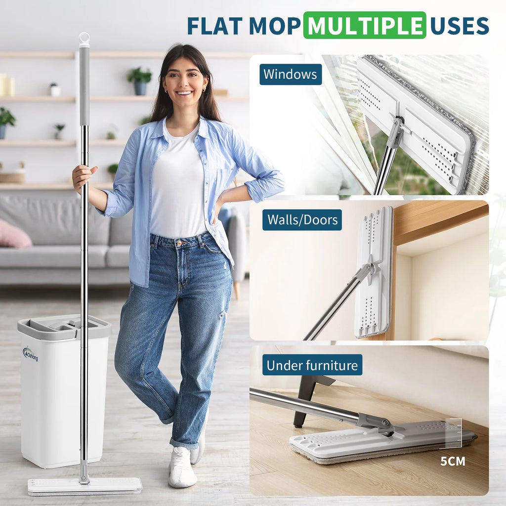 Flat Floor Mop and Bucket Set with 2 Washable Microfiber Pads Y228