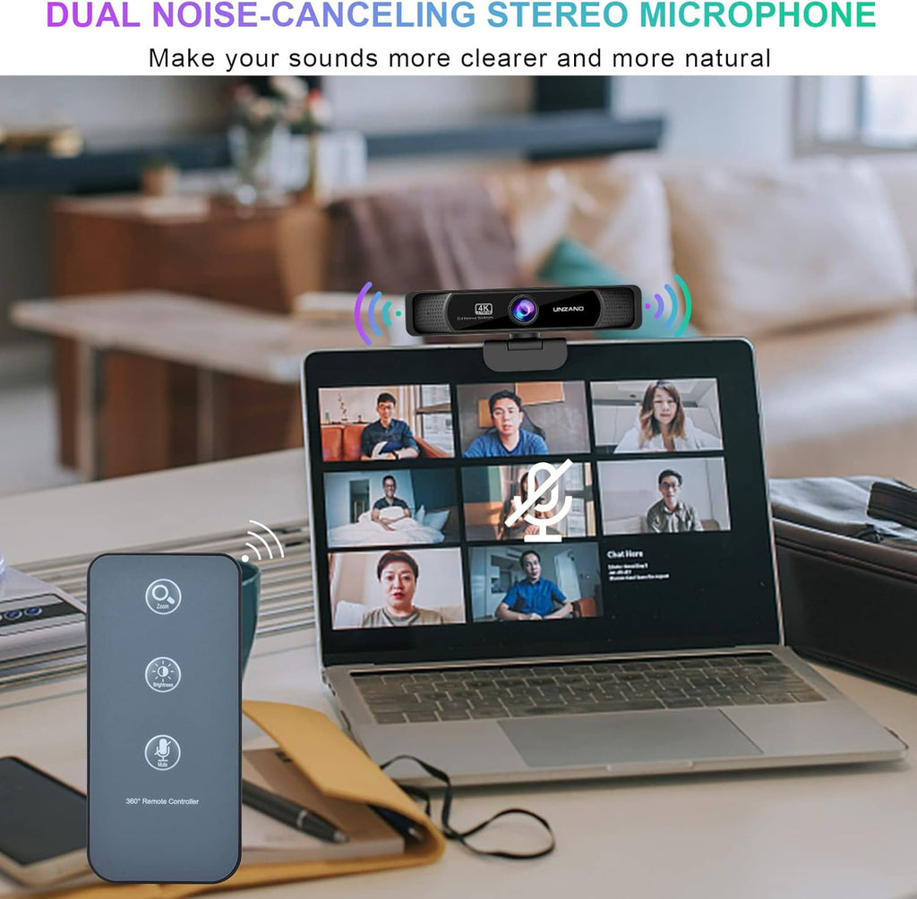 4K Webcam with Remote Control, Auto-Focus 120° Wide Angle, Dual Noise Reduction Mics N1487
