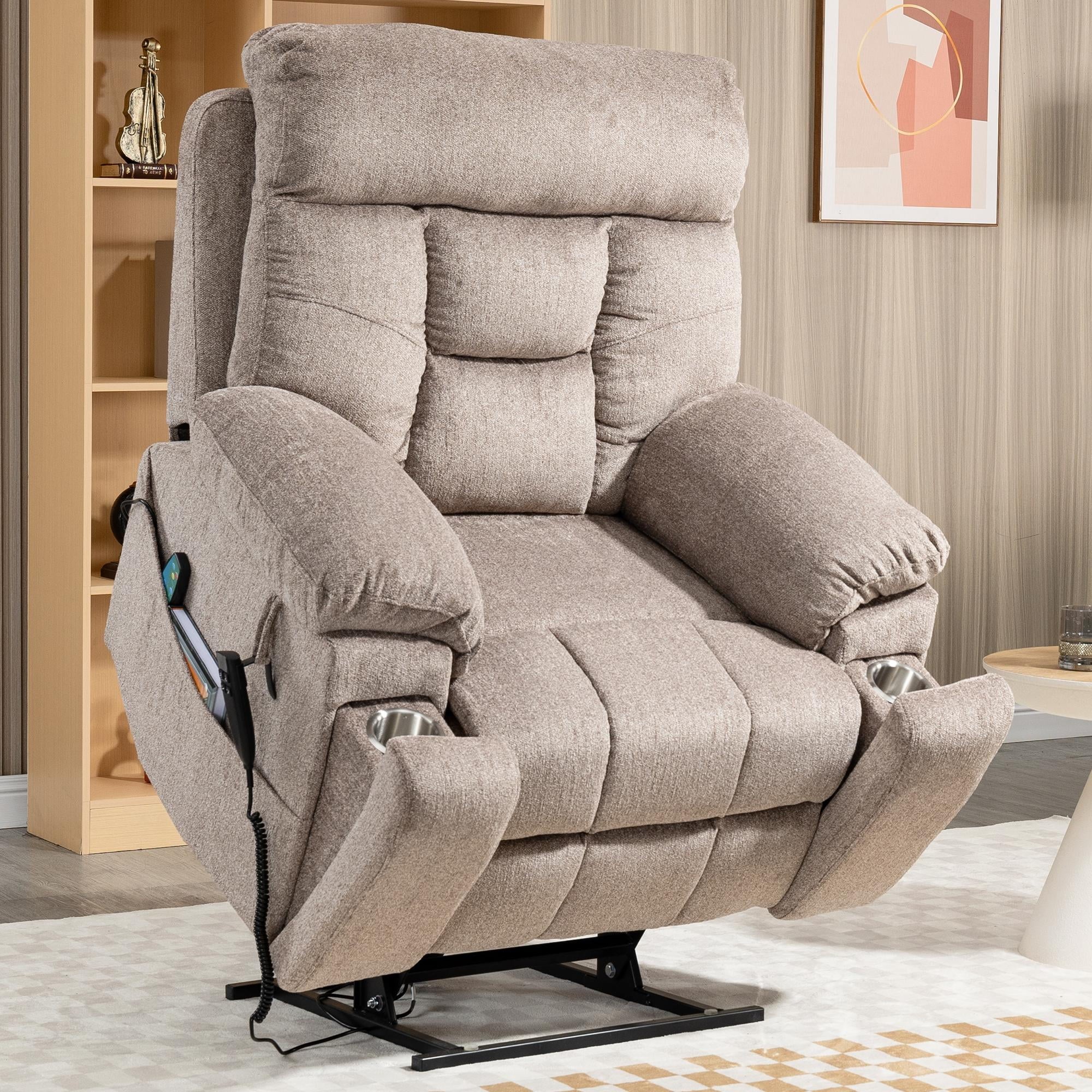 Electric Lift Recliner Chair with Heating and Massage, Fabric, Light Brown G567790