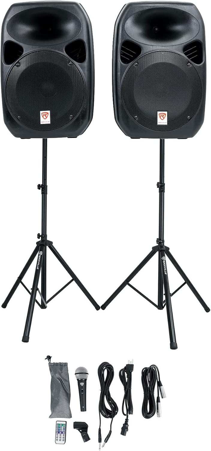 Dual 10" Powered Speakers PA System with Bluetooth, Mic, Stands A504169