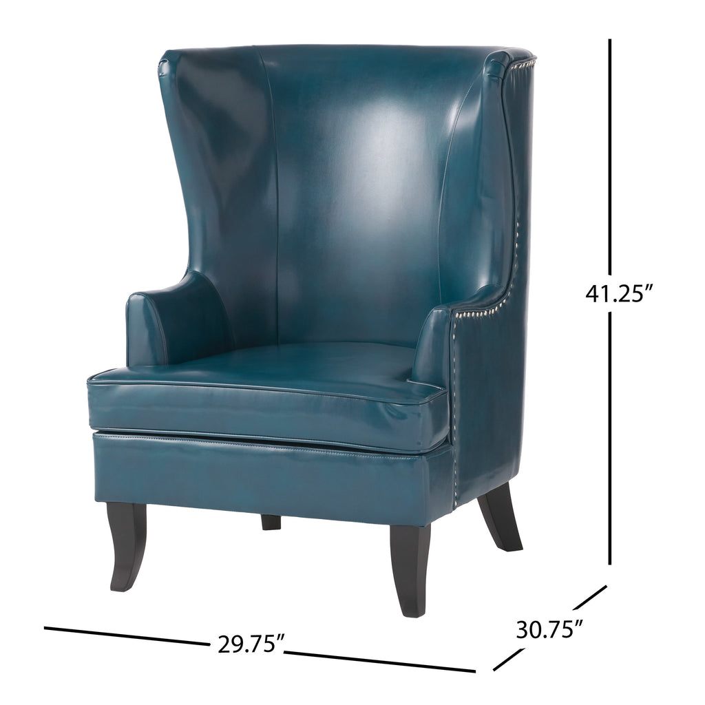 Teal and Matte Black Bonded Leather Wingback Club Chair E4571
