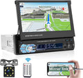 Single Din Car Stereo with Bluetooth, 7 Retractable Touch Screen Car Radio Receiver with Backup Camera P295