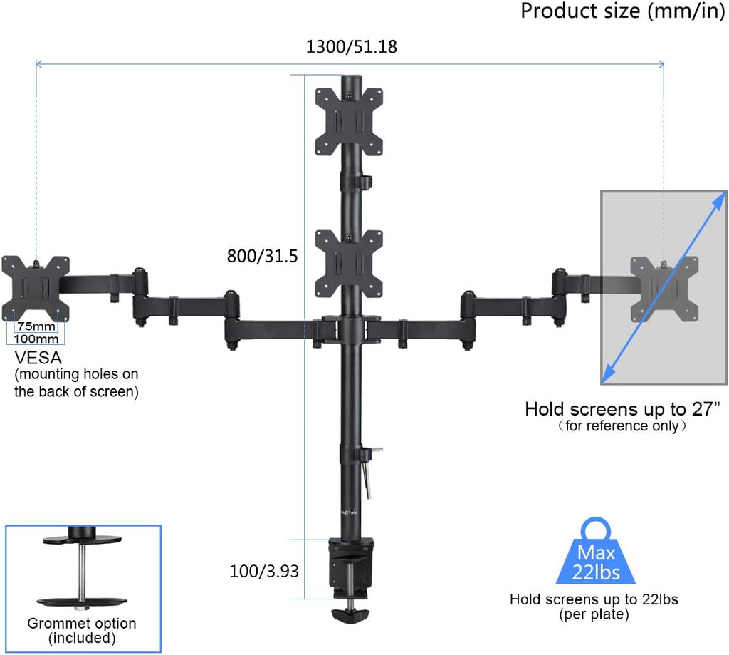 Quad LED LCD Monitor Stand up Desk Mount Extra Tall 31.5 inch Pole Heavy Duty Fully Adjustable Stand for 4 Screens up to 27 inch Pack of 2 P5312