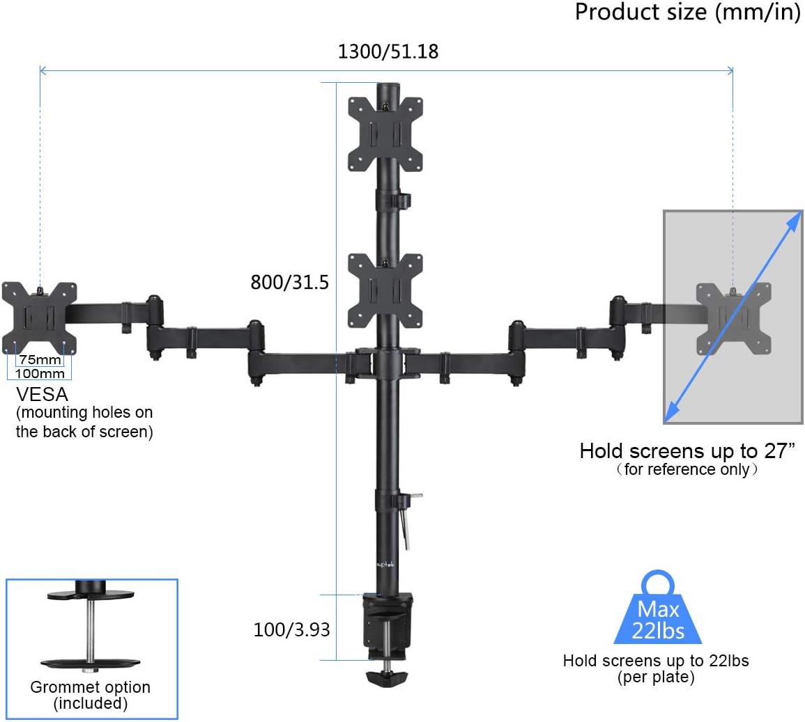 Quad LED LCD Monitor Stand up Desk Mount Extra Tall 31.5 inch Pole Heavy Duty Fully Adjustable Stand for 4 Screens up to 27 inch Pack of 2 P5312