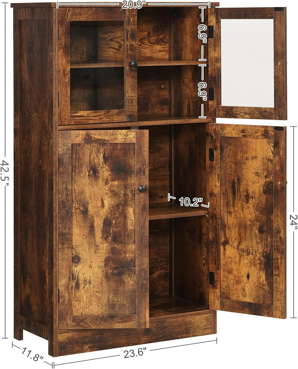 Rustic Brown Freestanding Storage Cabinet with Glass Door and Adjustable Shelf V28557