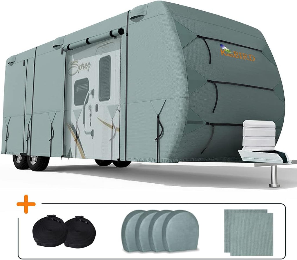 Extra-Thick 4 Layers Travel Trailer RV Cover with 2Pcs Extra Straps & 4 Tire Covers Q7090