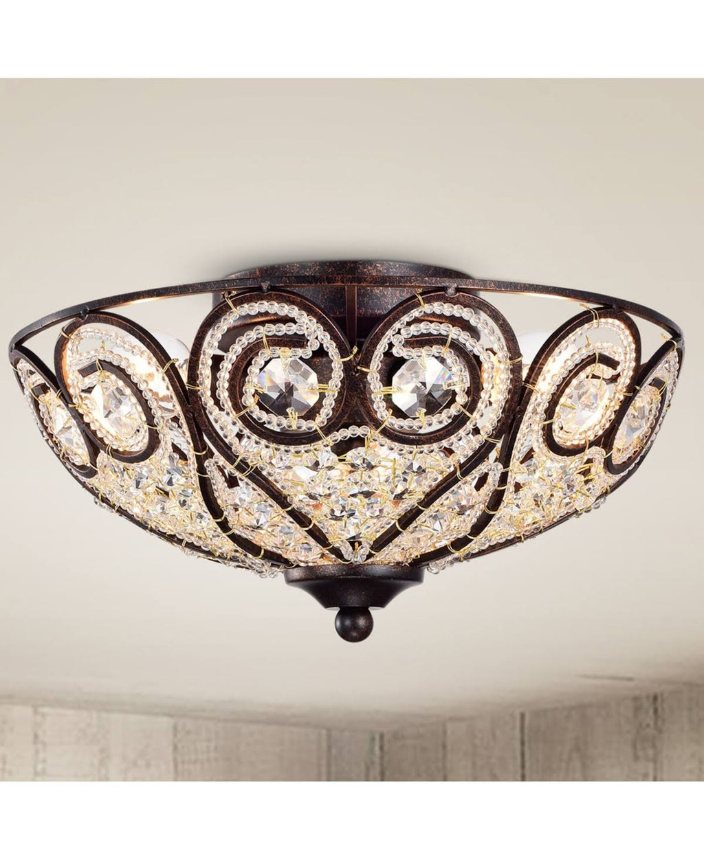 Rustic Bronze Flushmount Ceiling Lamp with Crystal Shade T2205