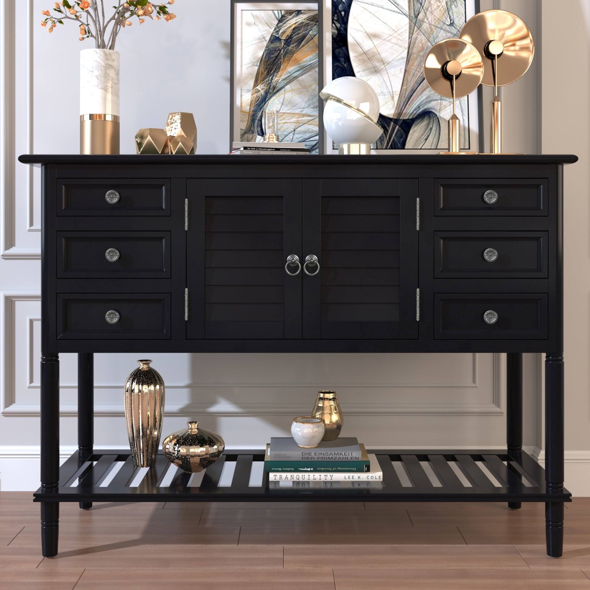 Black Console Table with 6 Drawer and 1 Cabinet and 1 Shelf P9649