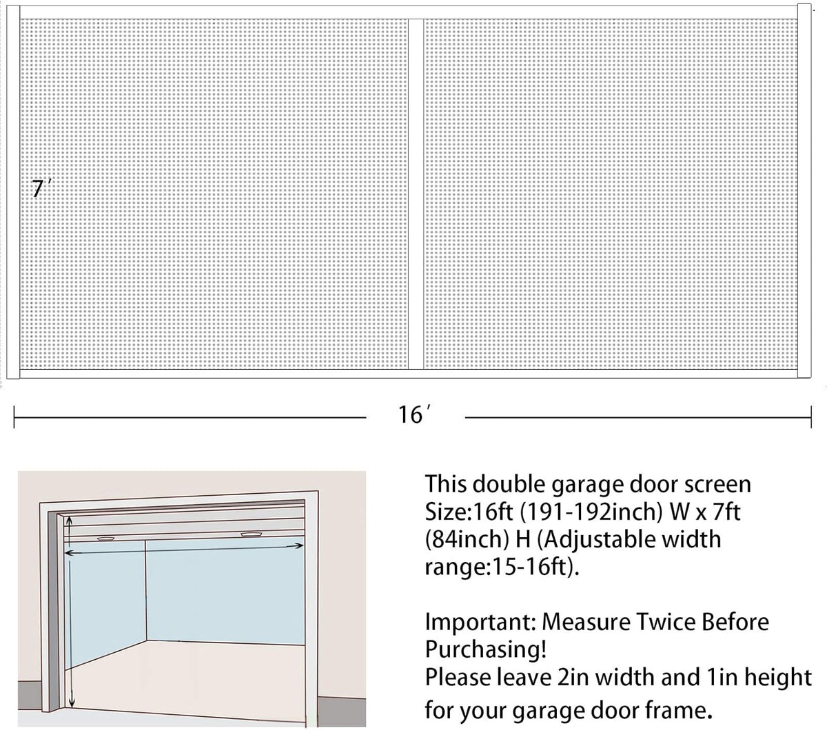 16x7Ft White Magnetic Closure Fiberglass Mesh Screen Door D2385