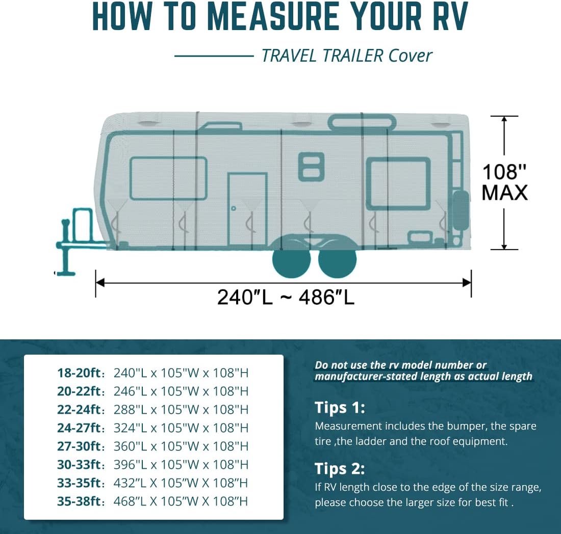 Extra-Thick 4 Layers Travel Trailer RV Cover with 2Pcs Extra Straps & 4 Tire Covers Q7090
