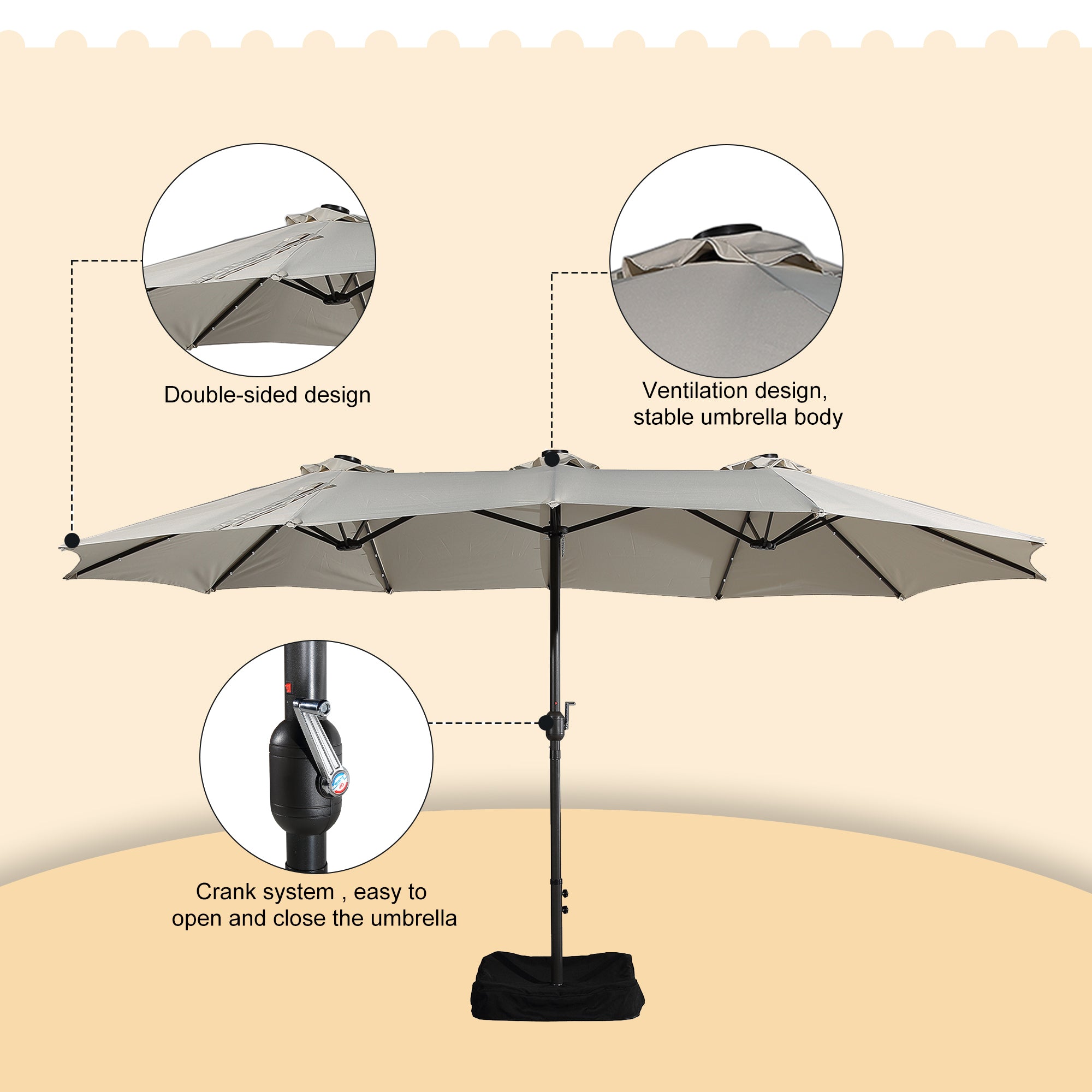 15ft Outdoor Solar Umbrella with 36 LED Patio Double-Sided Umbrella with Crank, Air-Vented Canopy, Base Included (Beige) V595