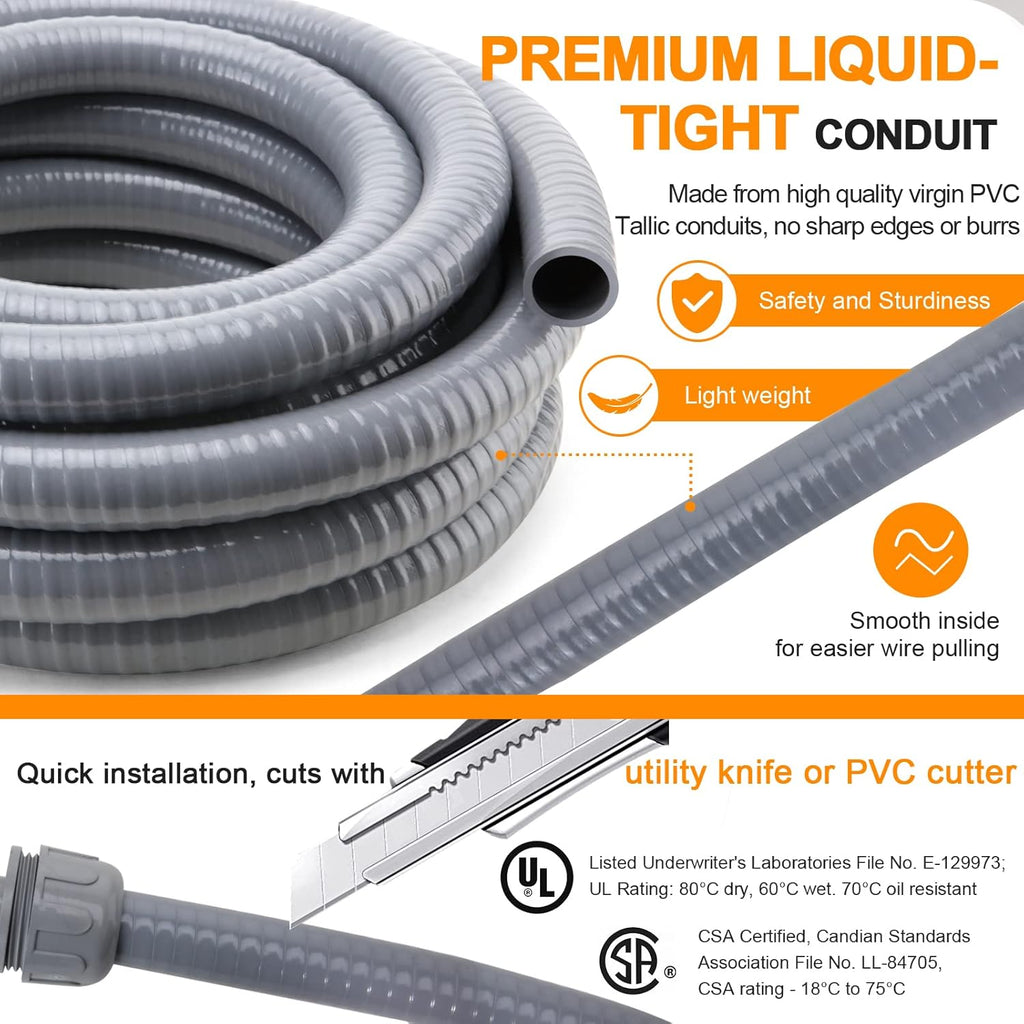 1 in. 100ft Flexible Non Metallic Liquid Tight Electrical Conduit Kit with 5 Straight and 3 Angle Fittings Q6166