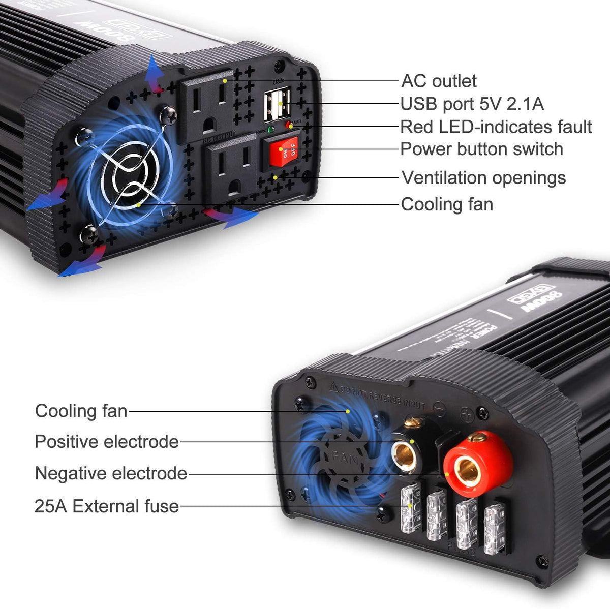 800W Power Inverter 12V DC to 110V AC Converter with Dual AC Outlets USB Ports M2429