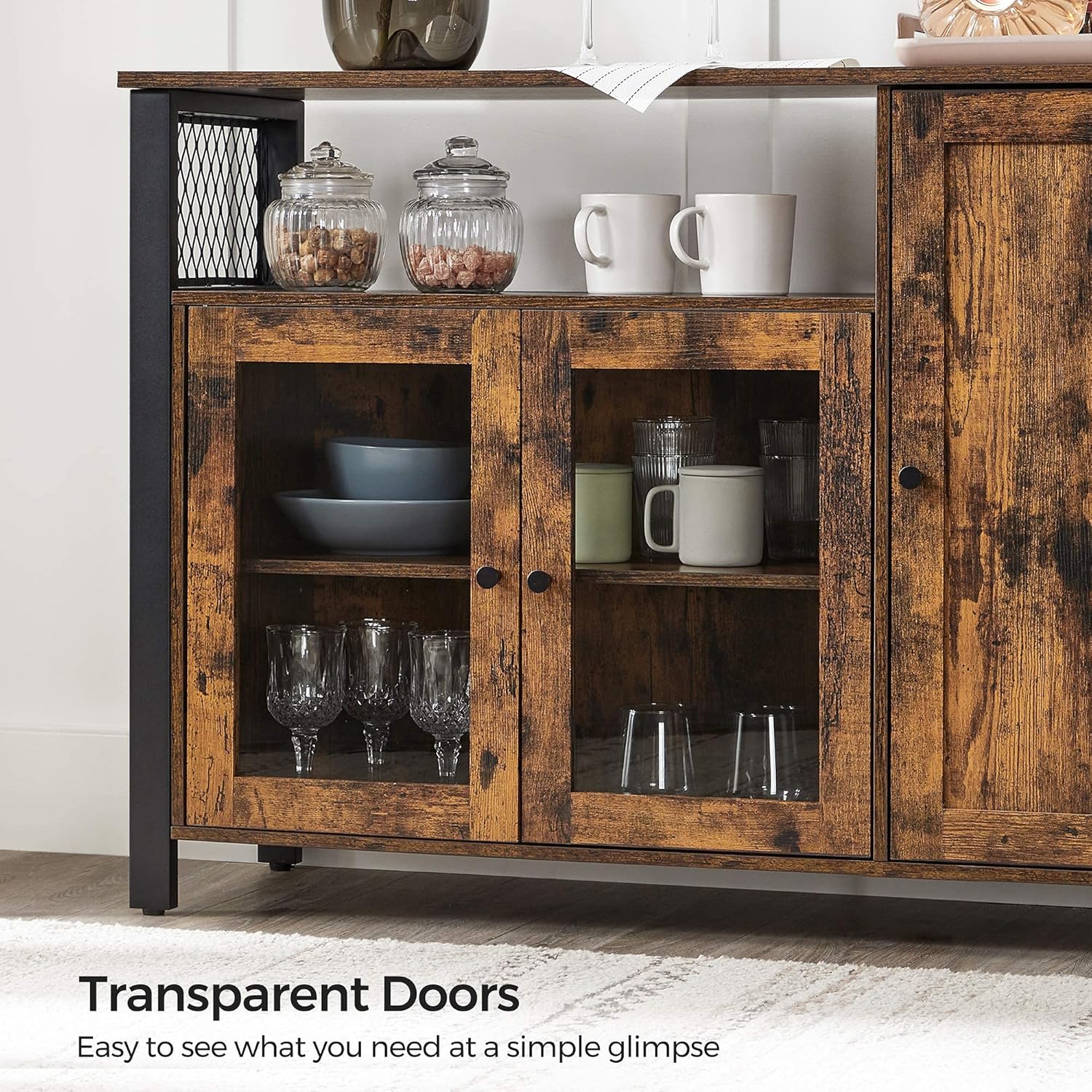 Rustic Brown and Black Floor Storage Cabinet with Transparent Doors V507497