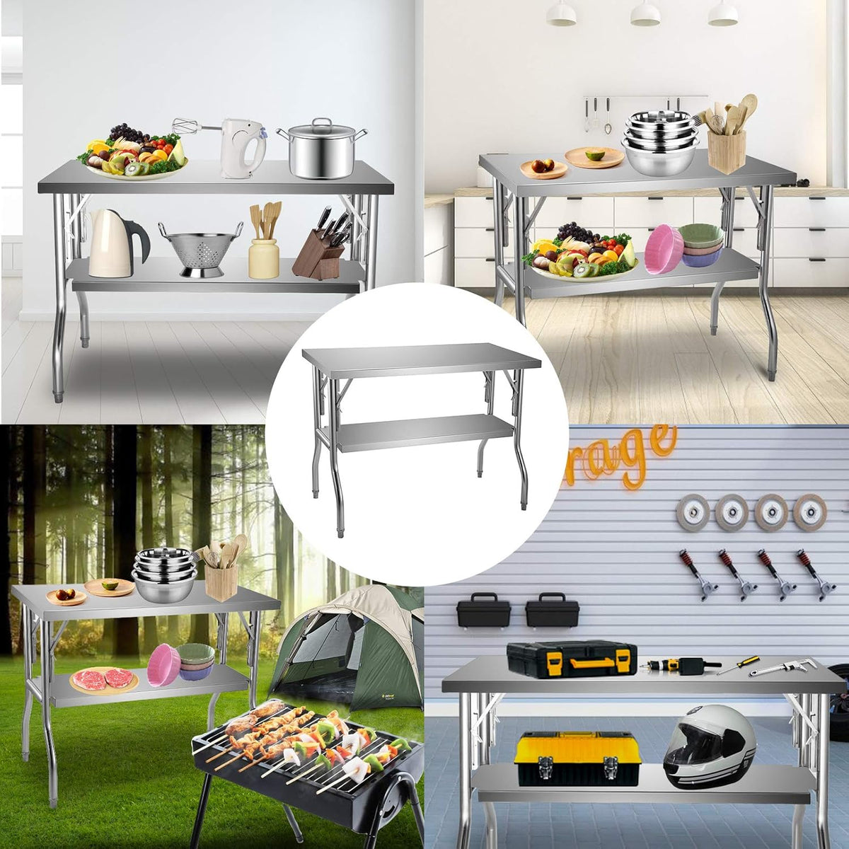 Silver Stainless Steel Double-Shelf Folding Work Table T915