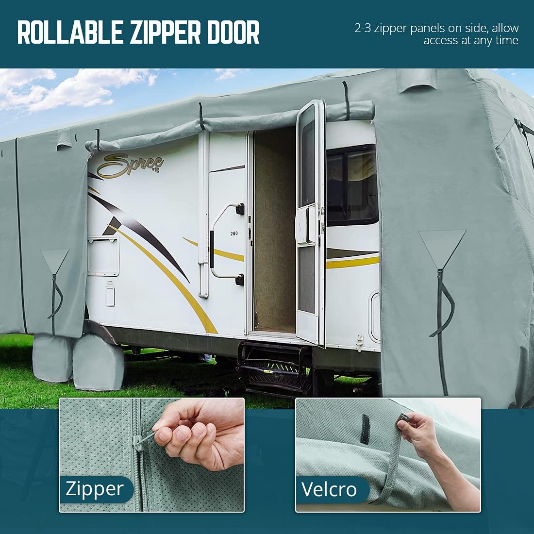 Extra-Thick 4 Layers Travel Trailer RV Cover with 2Pcs Extra Straps & 4 Tire Covers Q7090