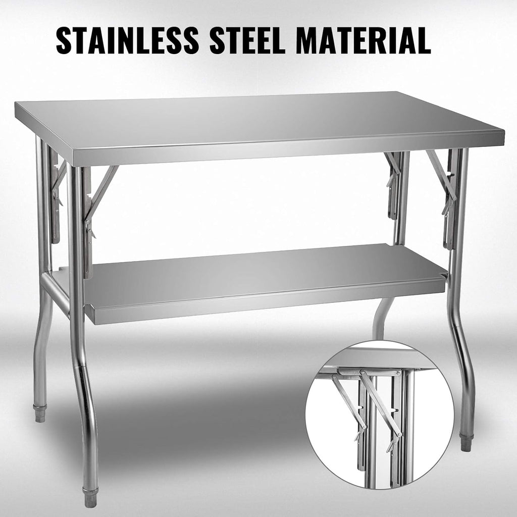 Silver Stainless Steel Double-Shelf Folding Work Table T915