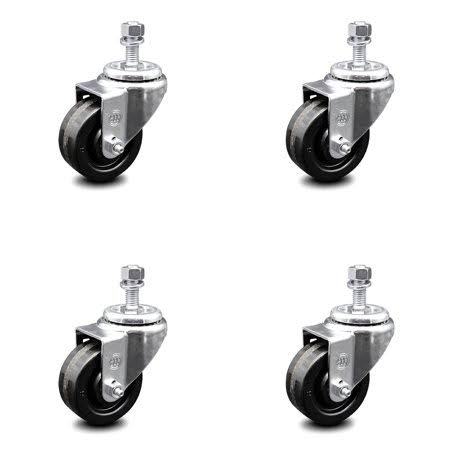 Swivel Threaded Stem Caster Set of 4 with 3.5 inch x 1.25 inch Black Wheels and 1/2 inch Stems S284