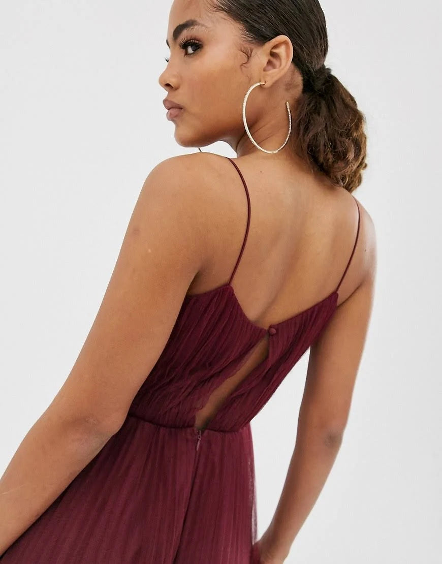 Tall Cami Pleated Tulle Maxi Dress in oxblood-Red V246408