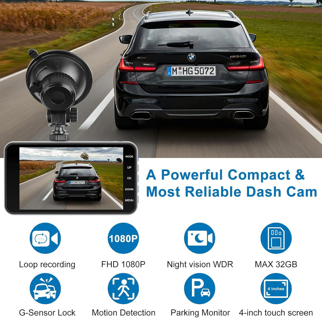 Dash Cam Front and Rear with 32G SD Card 1080P FHD 4'' IPS Screen 170° Wide Angle, Pack of 2 T24532