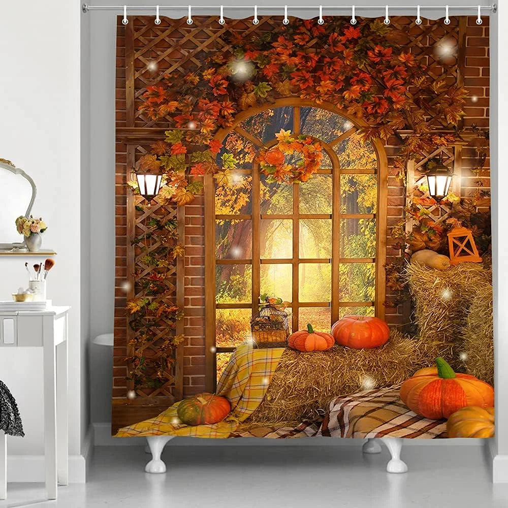 Harvest Pumpkin Fall Maple Leaf Fabric Waterproof Shower Curtain Sets with Hooks 60 x 70 inch S566862