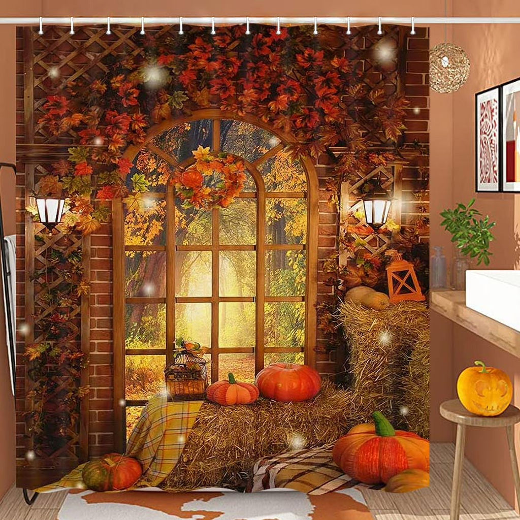 Harvest Pumpkin Fall Maple Leaf Fabric Waterproof Shower Curtain Sets with Hooks 60 x 70 inch S566862