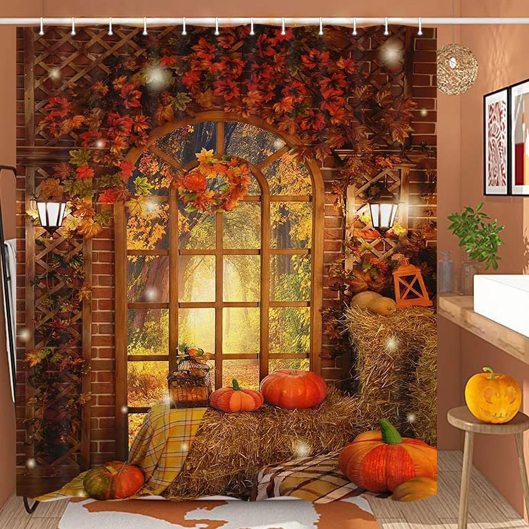 Harvest Pumpkin Fall Maple Leaf Fabric Waterproof Shower Curtain Sets with Hooks 60 x 70 inch S566862
