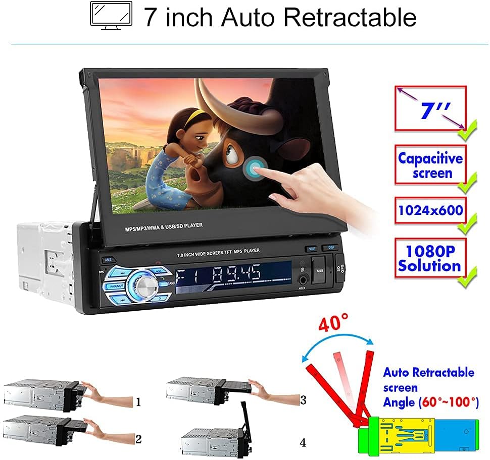 Single Din Car Stereo with Bluetooth, 7 Retractable Touch Screen Car Radio Receiver with Backup Camera P295