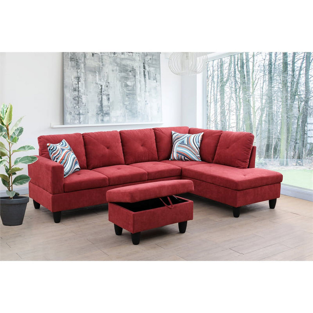 Red L Shaped Microfiber Couch with Storage Ottoman M694657