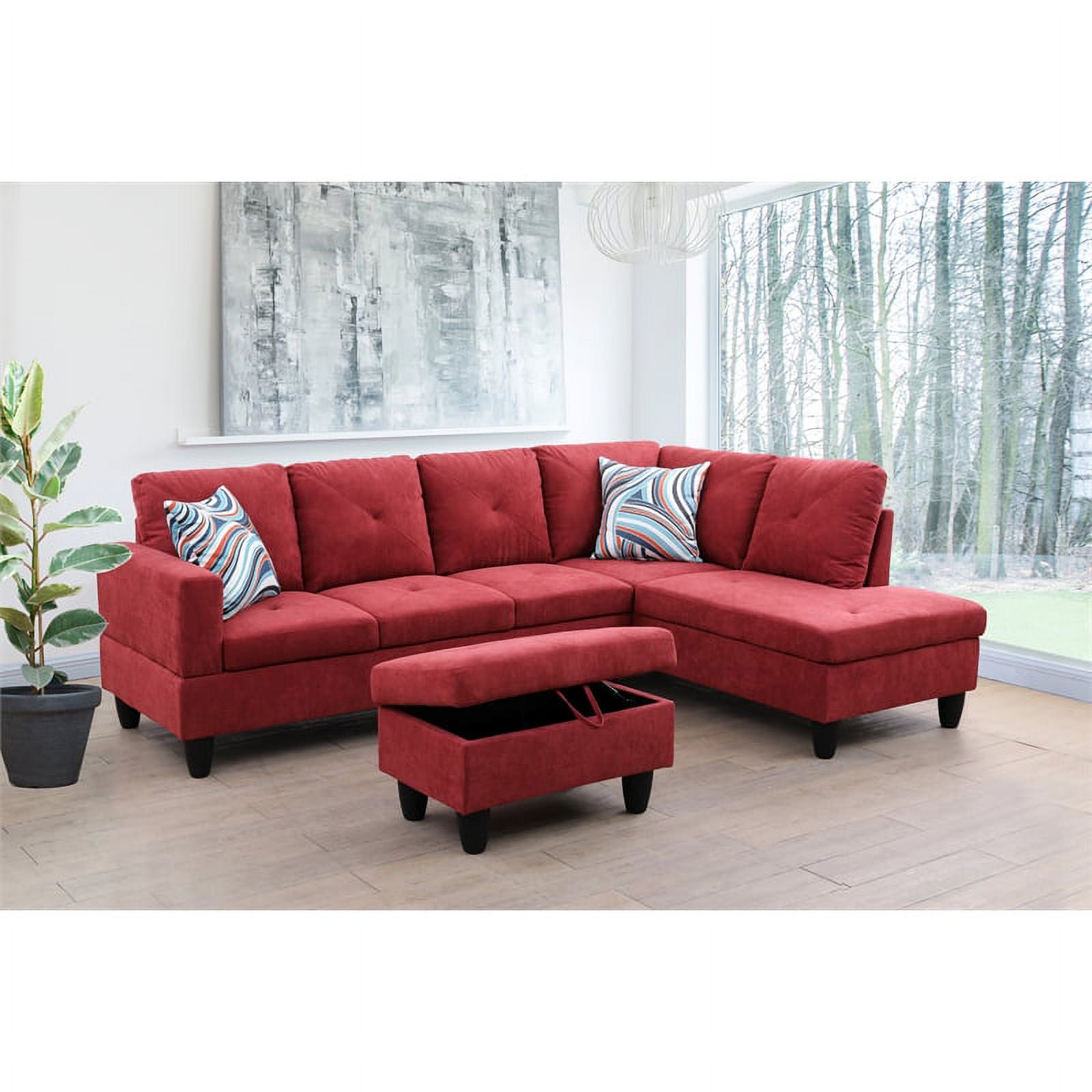 Red L Shaped Microfiber Couch with Storage Ottoman M694657