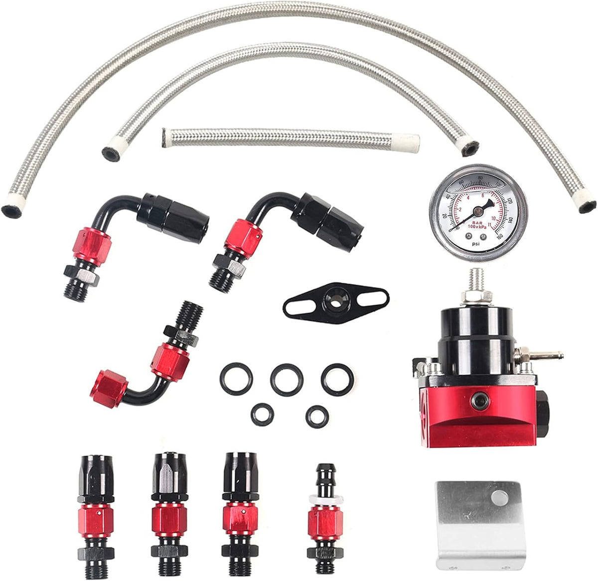 Aluminum Adjustable Universal EFI Fuel Pressure Regulator Kit with 0-100psi Pressure Gauge AN6-6AN Fuel Line Hose Fitting Connectors Kit (Blue&Red) Pack of 2 Z431968