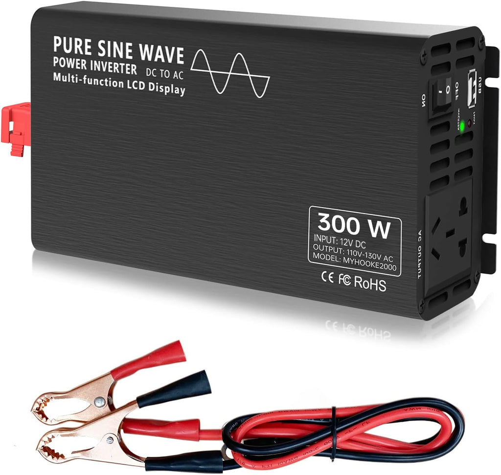 300 Watt Pure Sine Wave Power Inverter 12v to 110v-130v Pack of 2 T45225