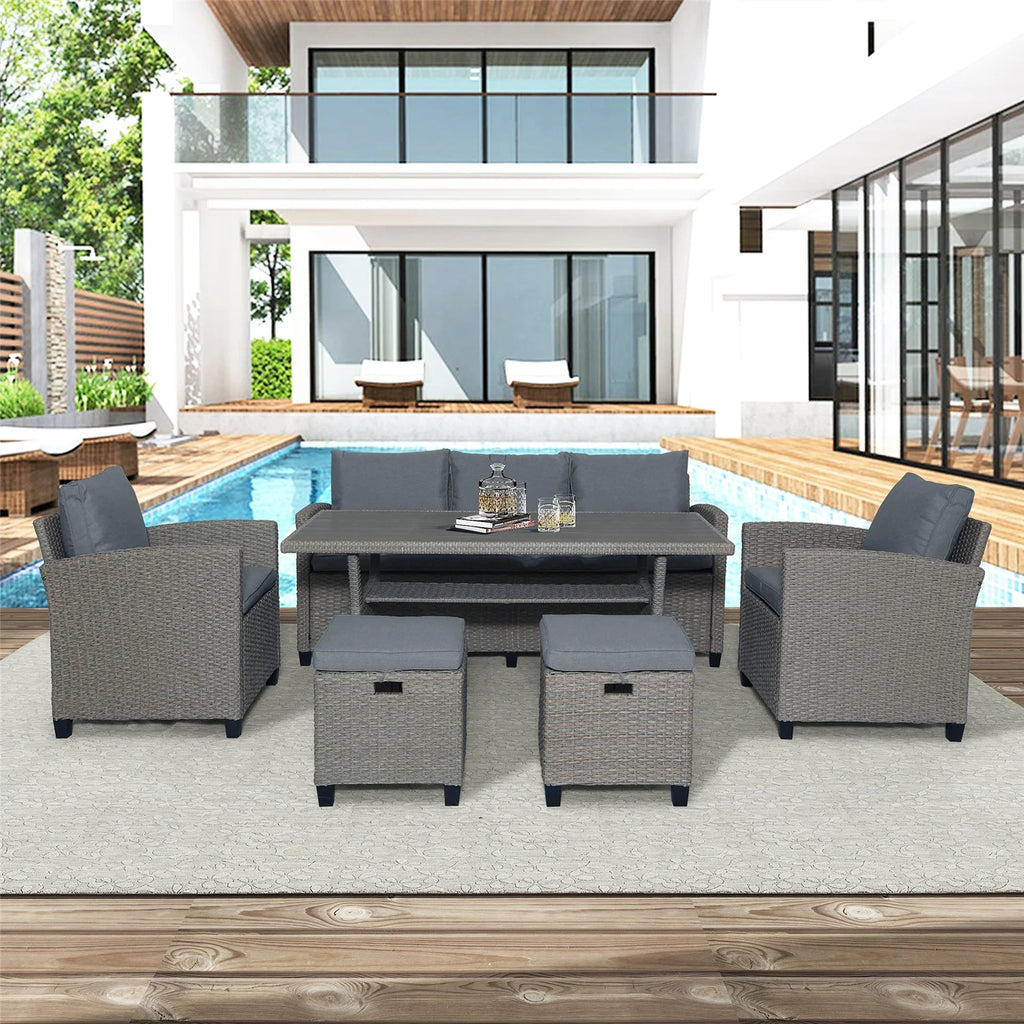 6pcs Outdoor Rattan Wicker Patio Furniture Set with Grey Cushion U884