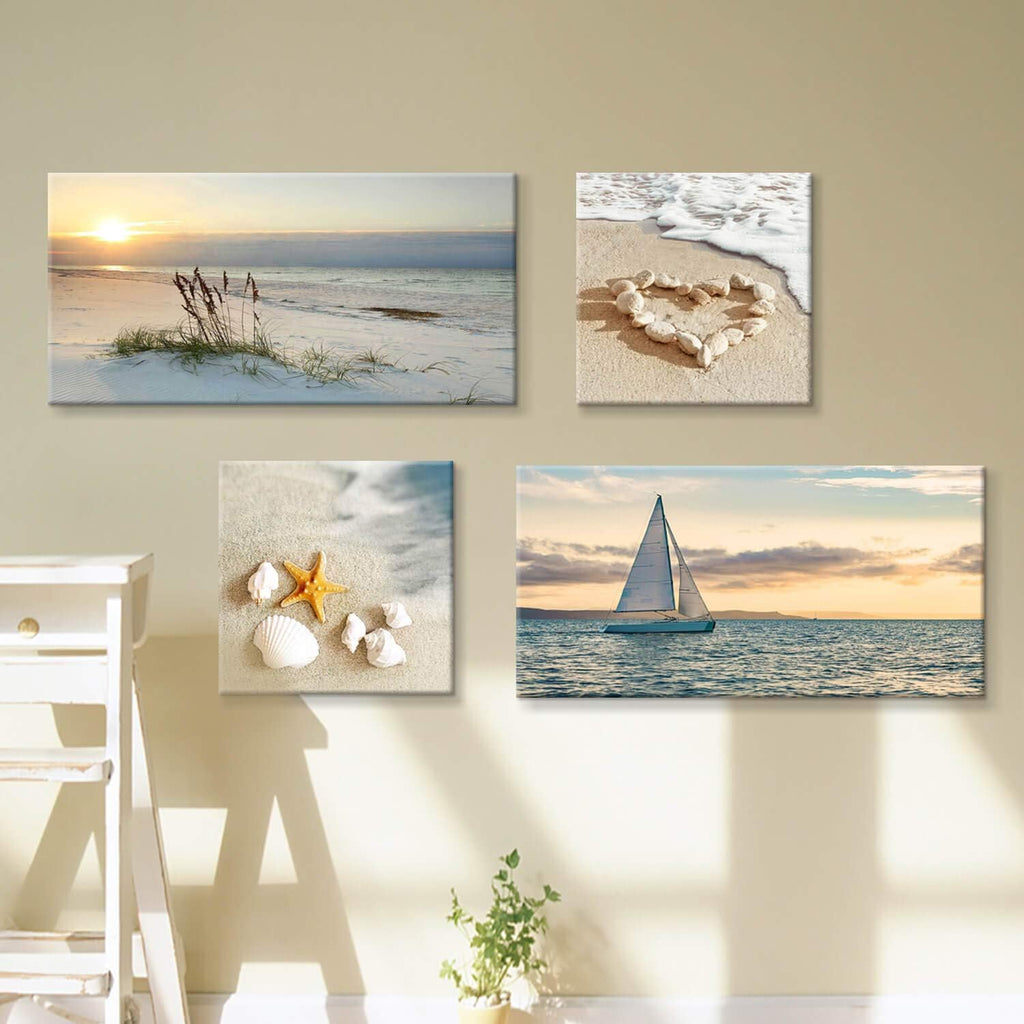 Sunset Canvas Art Seascape Painting with Sailboat Wall Art, 32'' x 16'' x 2 Panels + 16'' x 16'' x 2 Panels G213