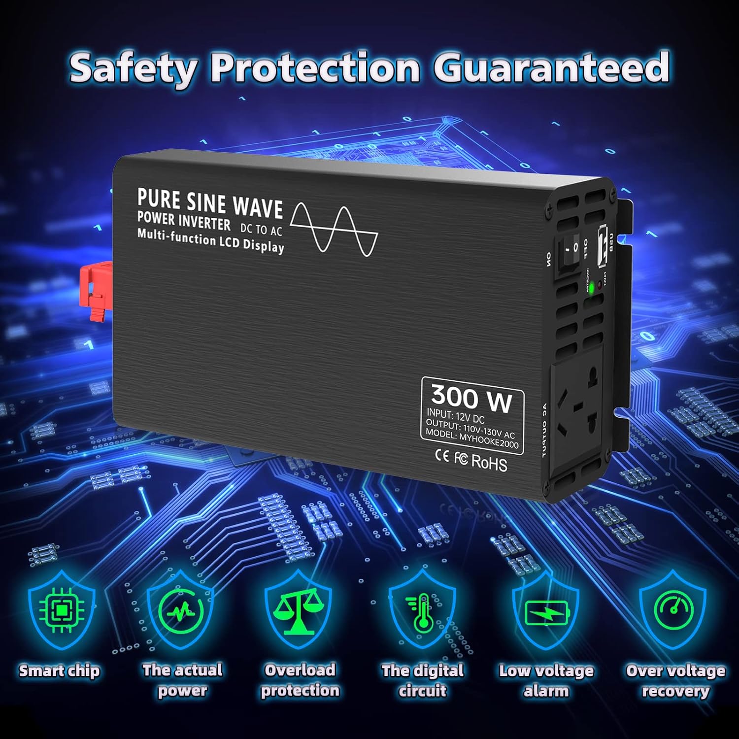 300 Watt Pure Sine Wave Power Inverter 12v to 110v-130v Pack of 2 T45225