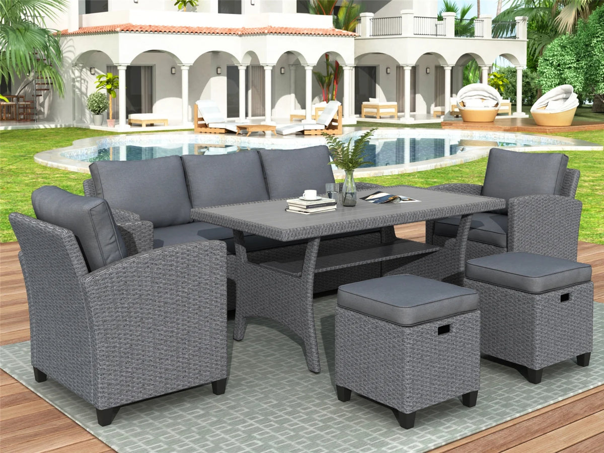 6pcs Outdoor Rattan Wicker Patio Furniture Set with Grey Cushion U884