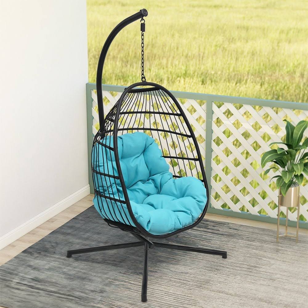 Blue Wicker Hanging Swing Chair with Cushion and Stand F9119