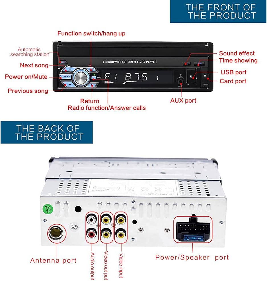 Single Din Car Stereo with Bluetooth, 7 Retractable Touch Screen Car Radio Receiver with Backup Camera P295