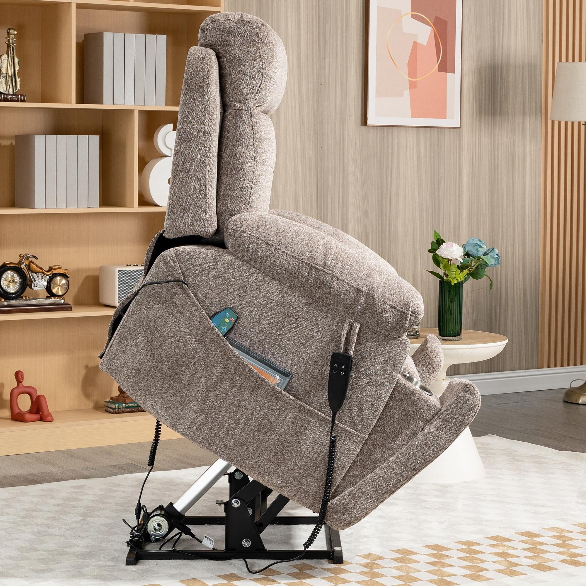 Electric Lift Recliner Chair with Heating and Massage, Fabric, Light Brown G567790