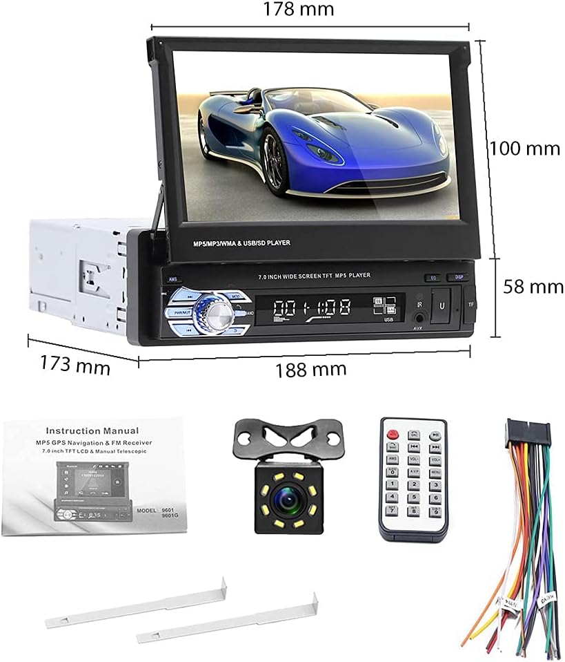 Single Din Car Stereo with Bluetooth, 7 Retractable Touch Screen Car Radio Receiver with Backup Camera P295