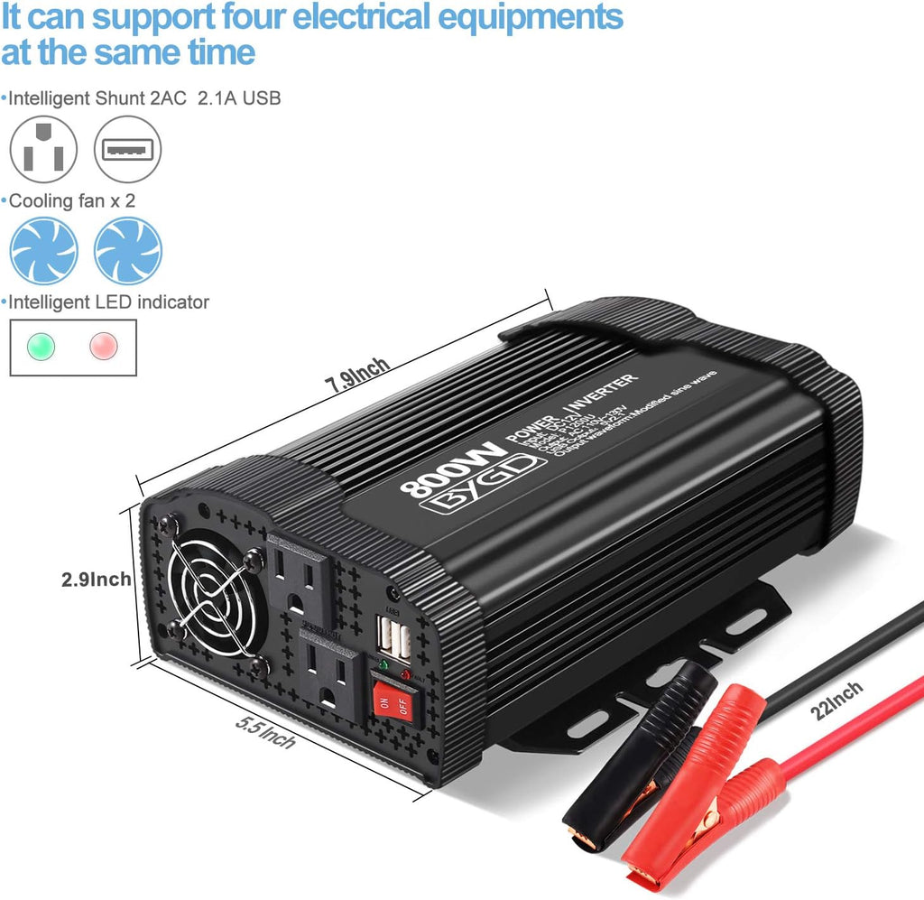 800W Power Inverter 12V DC to 110V AC Converter with Dual AC Outlets USB Ports M2429