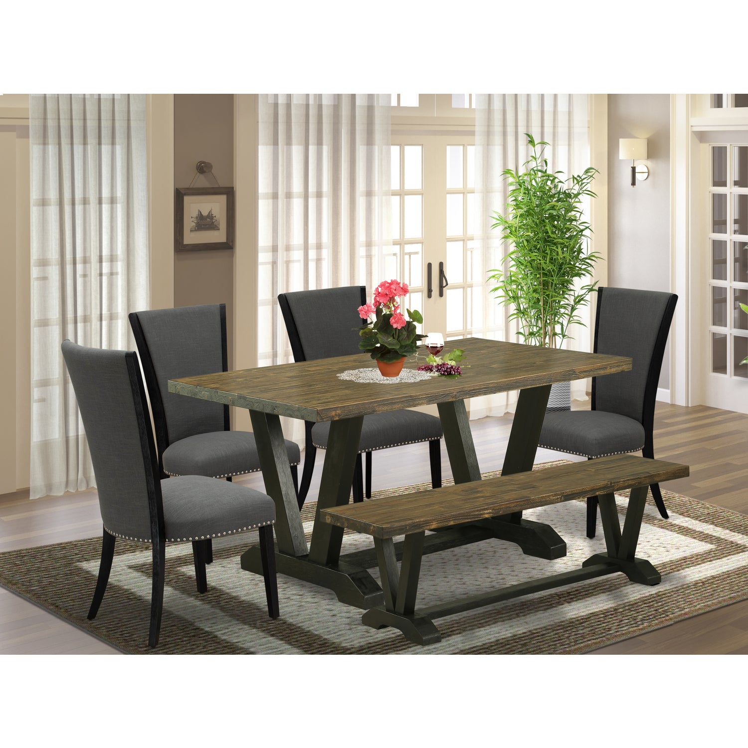 6-piece Wood Dining Set with Cushion Chairs in Gray N70335