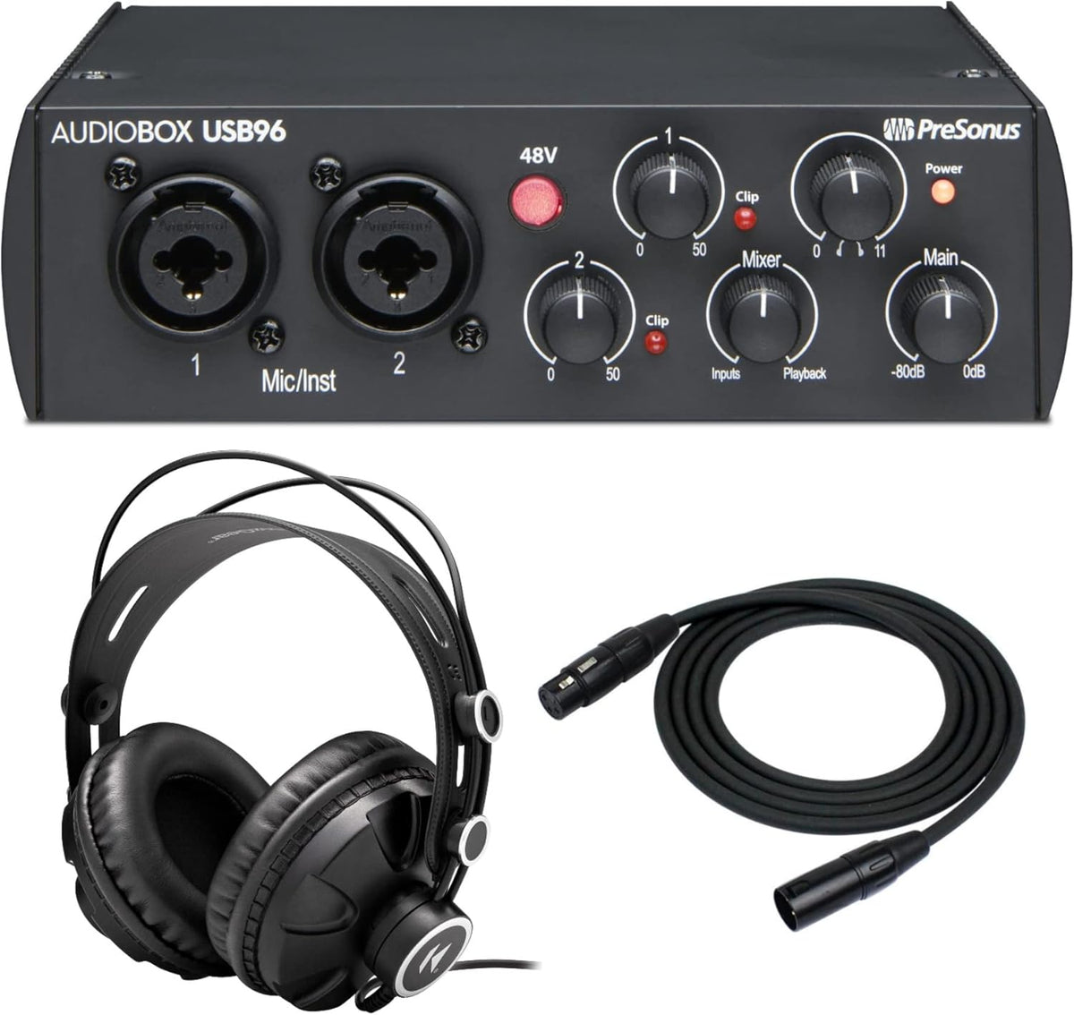 2x2 USB 2.0 Audio Interface with Headphones and Cable Bundle J306