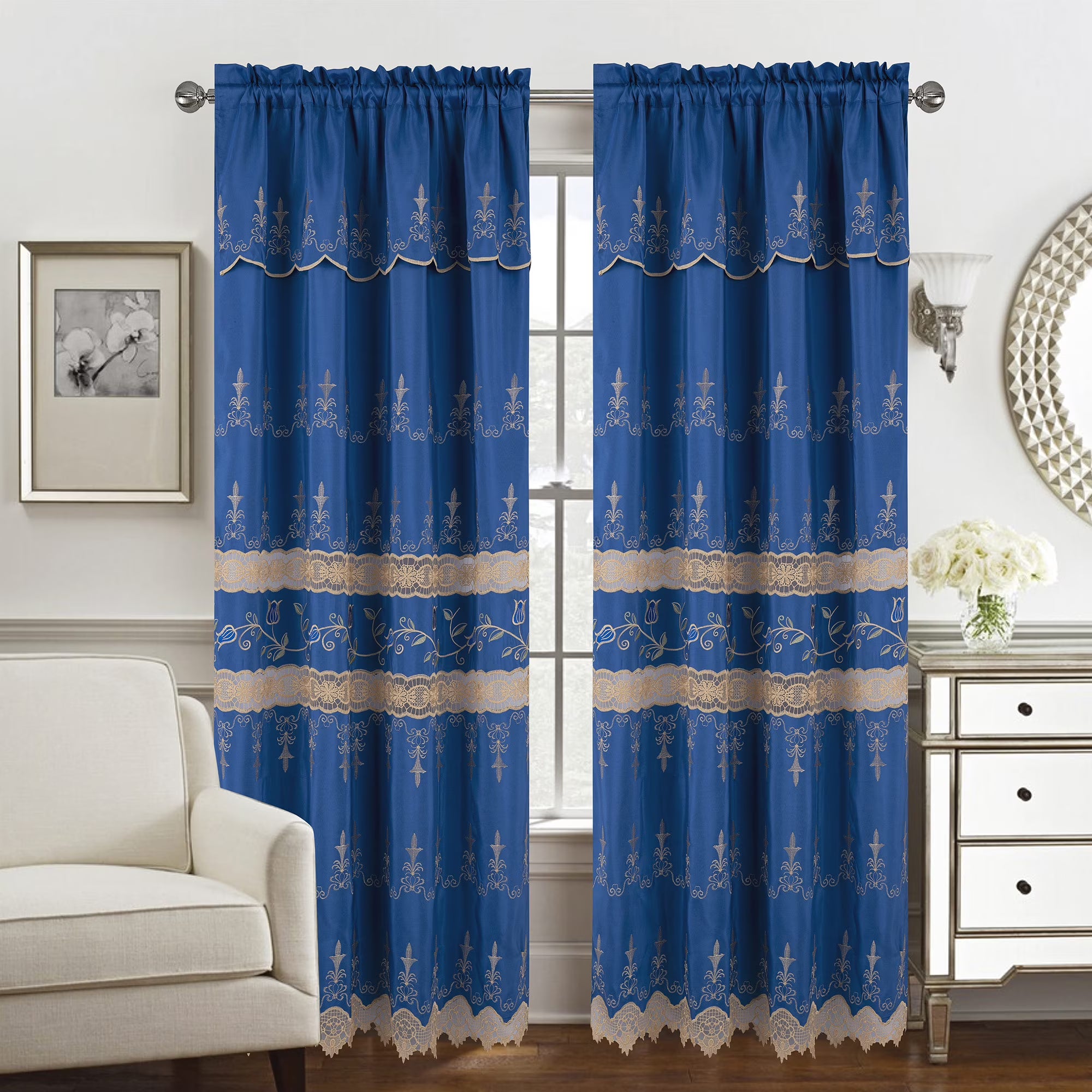 Navy-Gold Macramé Jacquard Panel with Attached Valance, 55x84 Inches A767