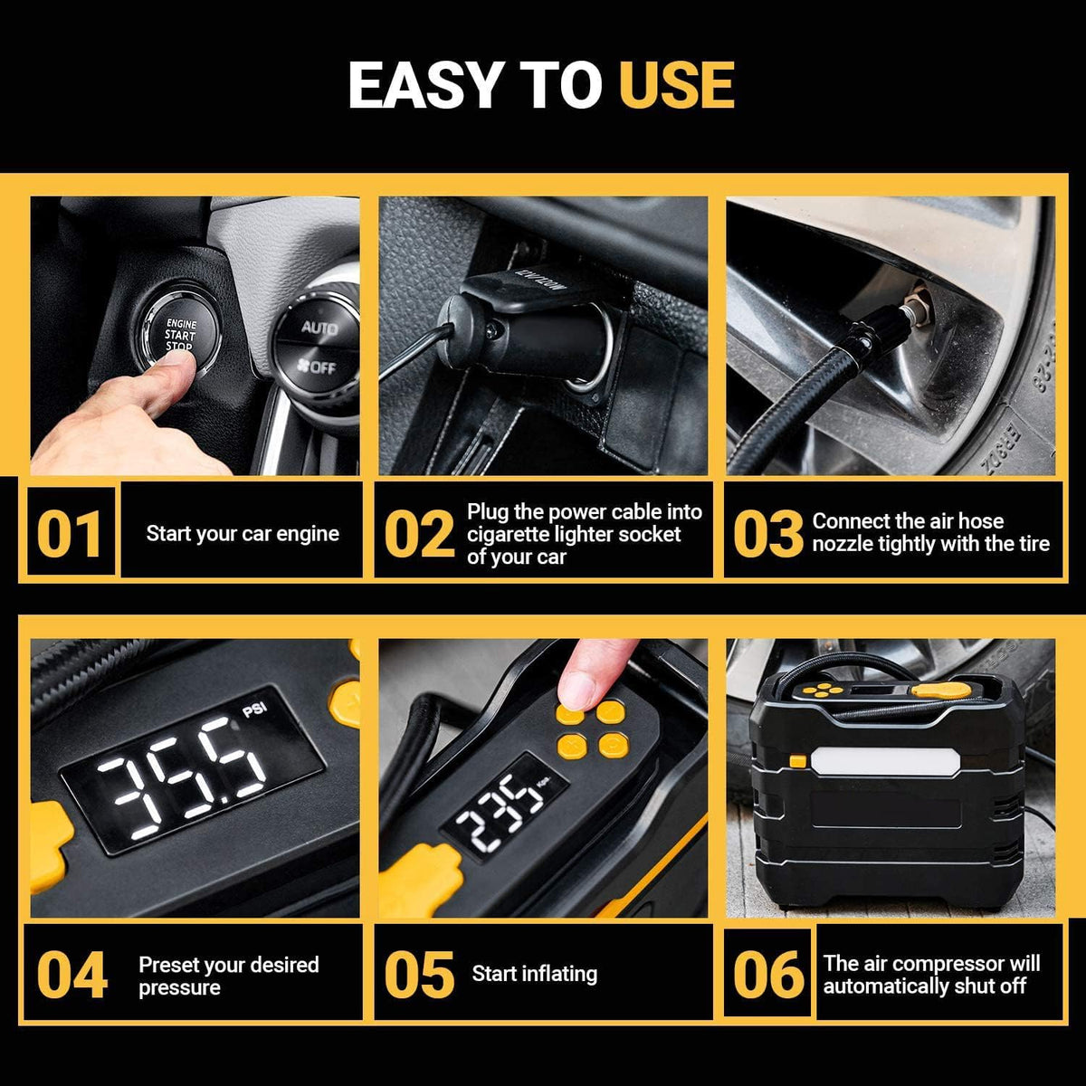 Yellow 2Pcs Portable Car Tire Inflator Air Compressor M8310
