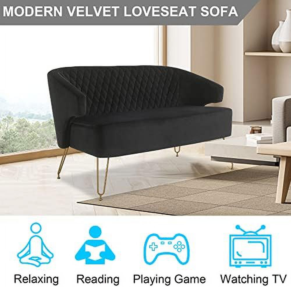 Cashmere Loveseat Sofa with Gold-Finished Metal Legs and 2 Small Pillows C3393