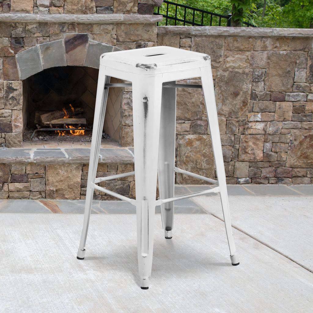 4 Pack 30" High Backless Distressed White Metal Barstool Q8016