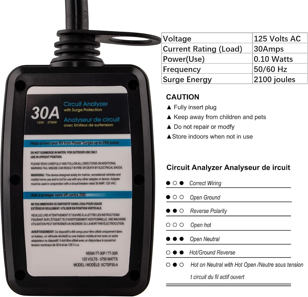 30 Amp Surge Protector for RV with Waterproof Cover and LED Indicator T6654