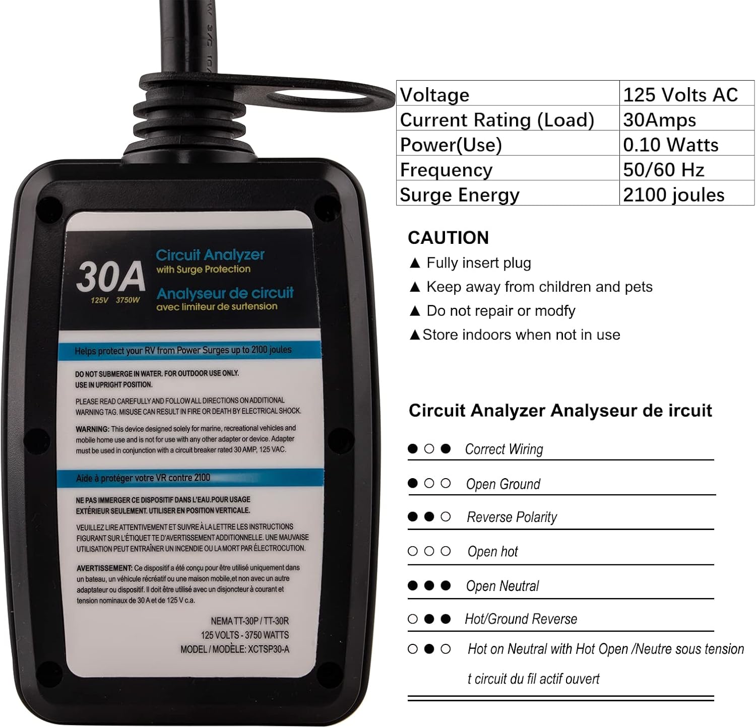 30 Amp Surge Protector for RV with Waterproof Cover and LED Indicator T6654